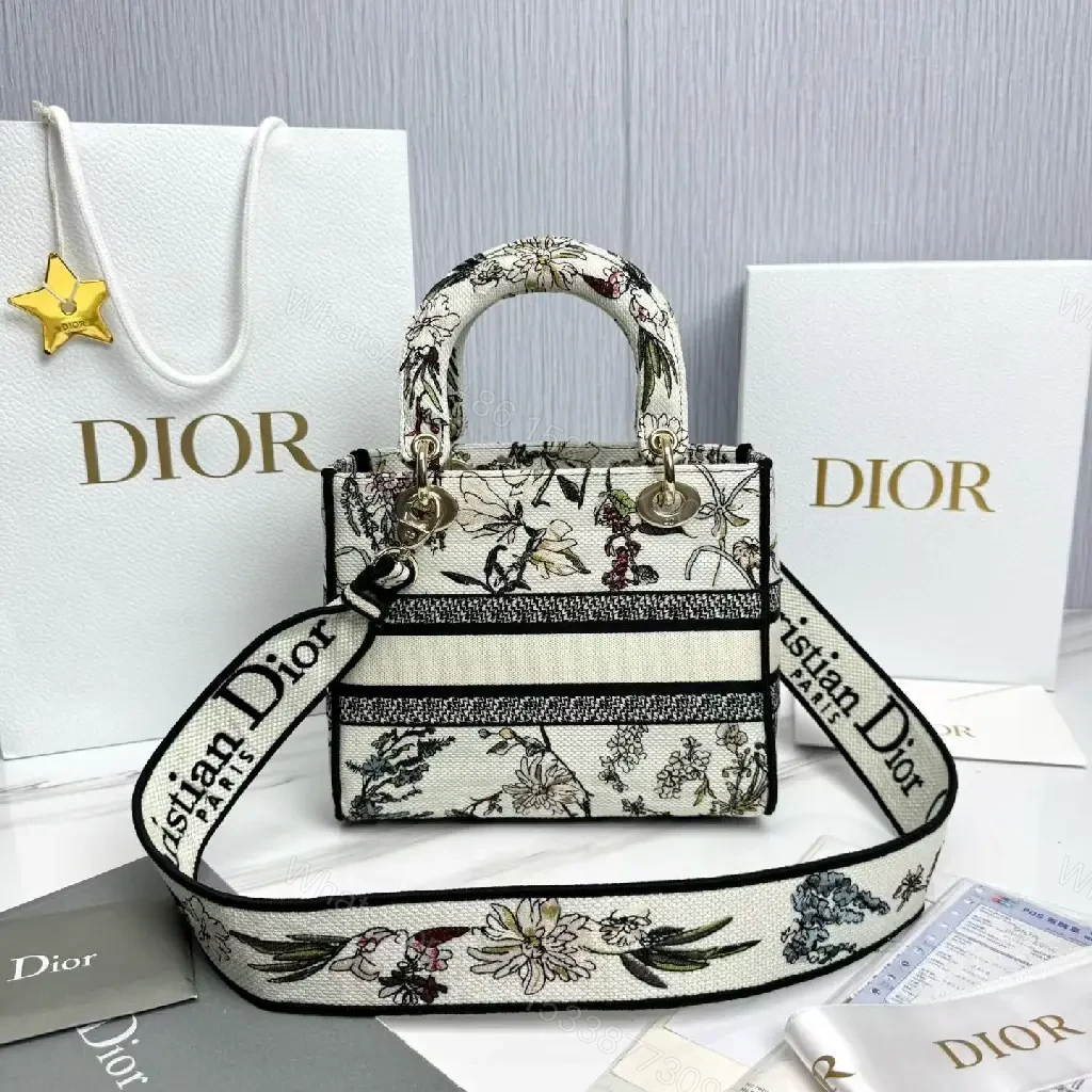 View 9 of Elegant Floral Canvas Handbag with Dior Striping