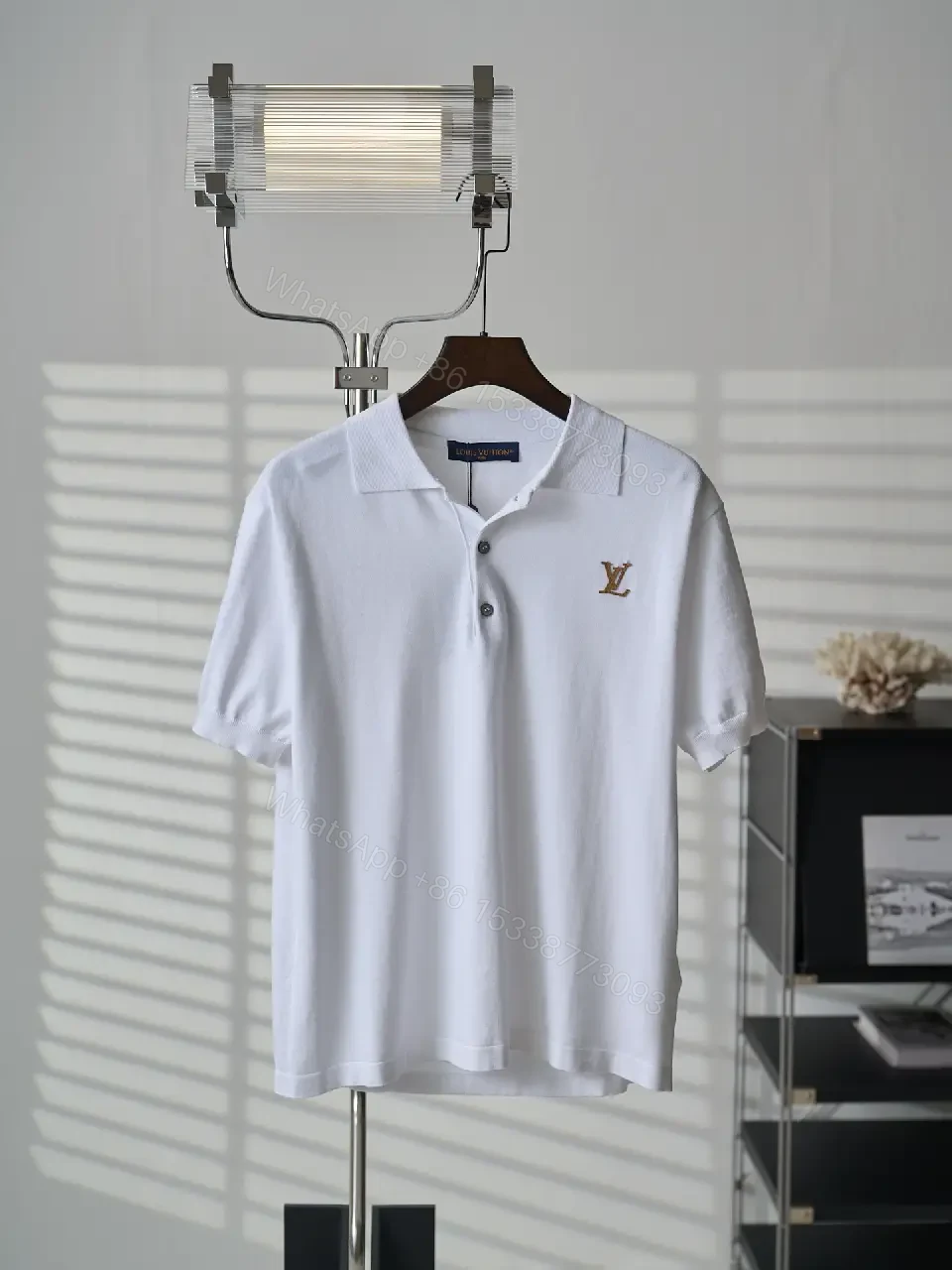 View 8 of White Cotton Polo with Monogram Logo Embroidery