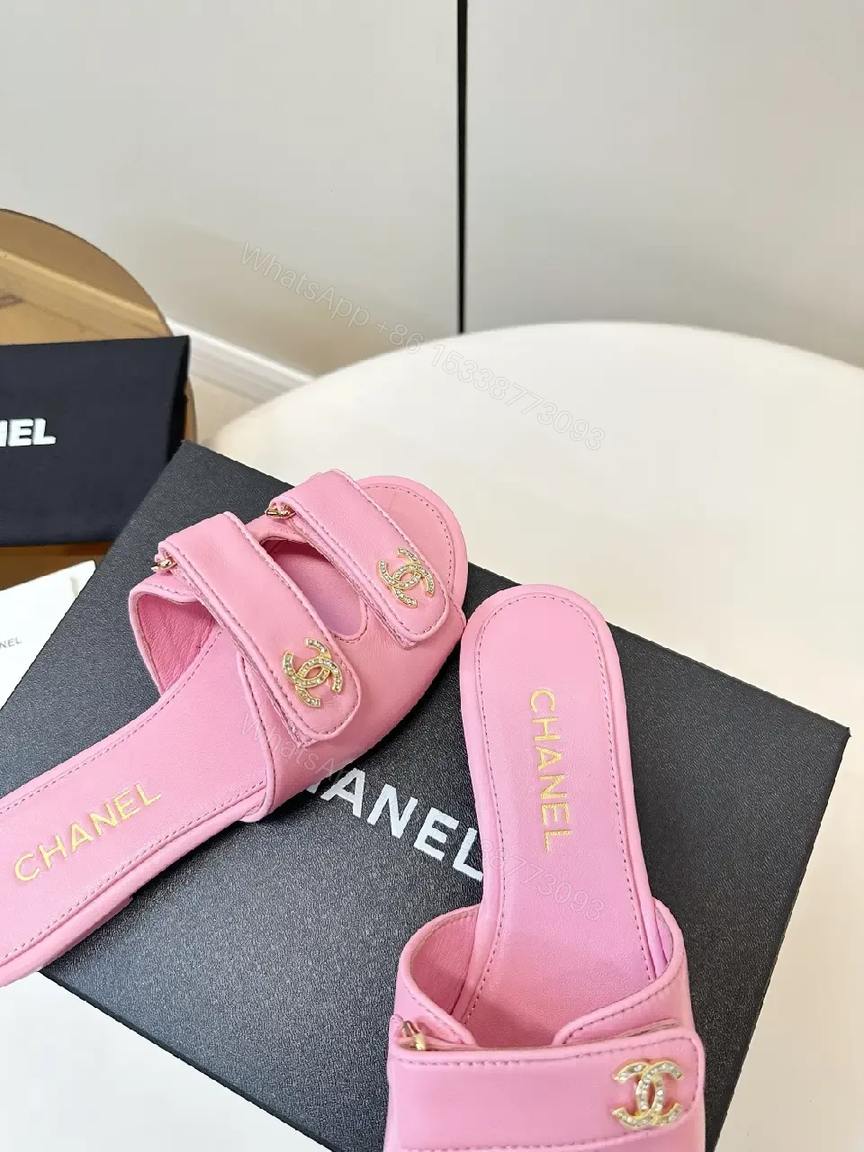 View 2 of Pink Leather Slides + Gold Hardware + Luxe-Chic + All-Day Comfort + Slides