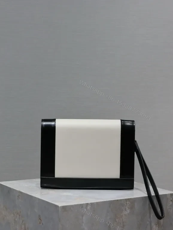 View 3 of Structured Leather Crossbody Clutch: Black/Ivory, YSL Hardware, Day-to-Night