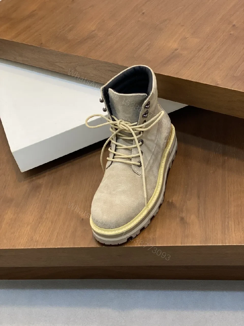 View 5 of Beige Suede High-Top Boots with Rugged Sole - Modern Comfort