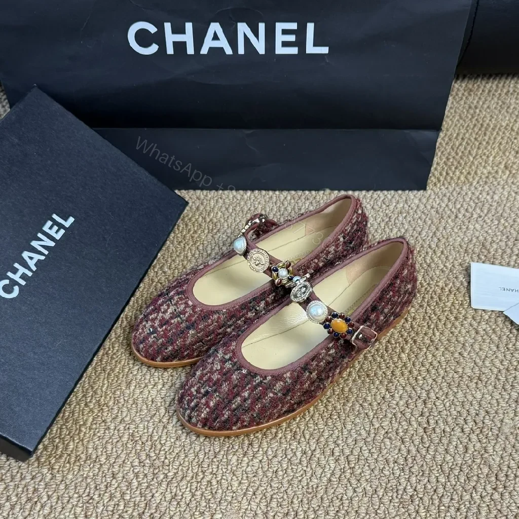 View 8 of Tweed Ballet Flats with Embellished Strap - Luxe Comfort Flats