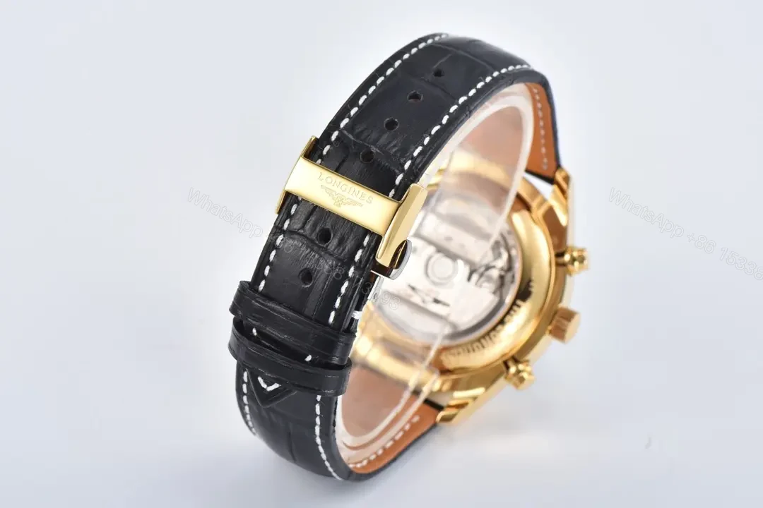 View 8 of Longines Master Collection Moon Phase Chronograph Watch Gold Case Black Leather Strap White Dial