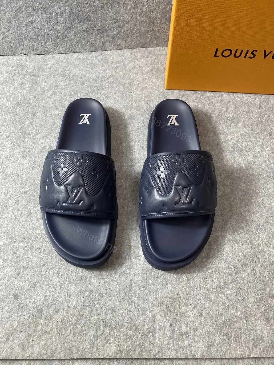 View 2 of Navy Leather Slide: Luxe Minimalist Embossed Comfort Slide