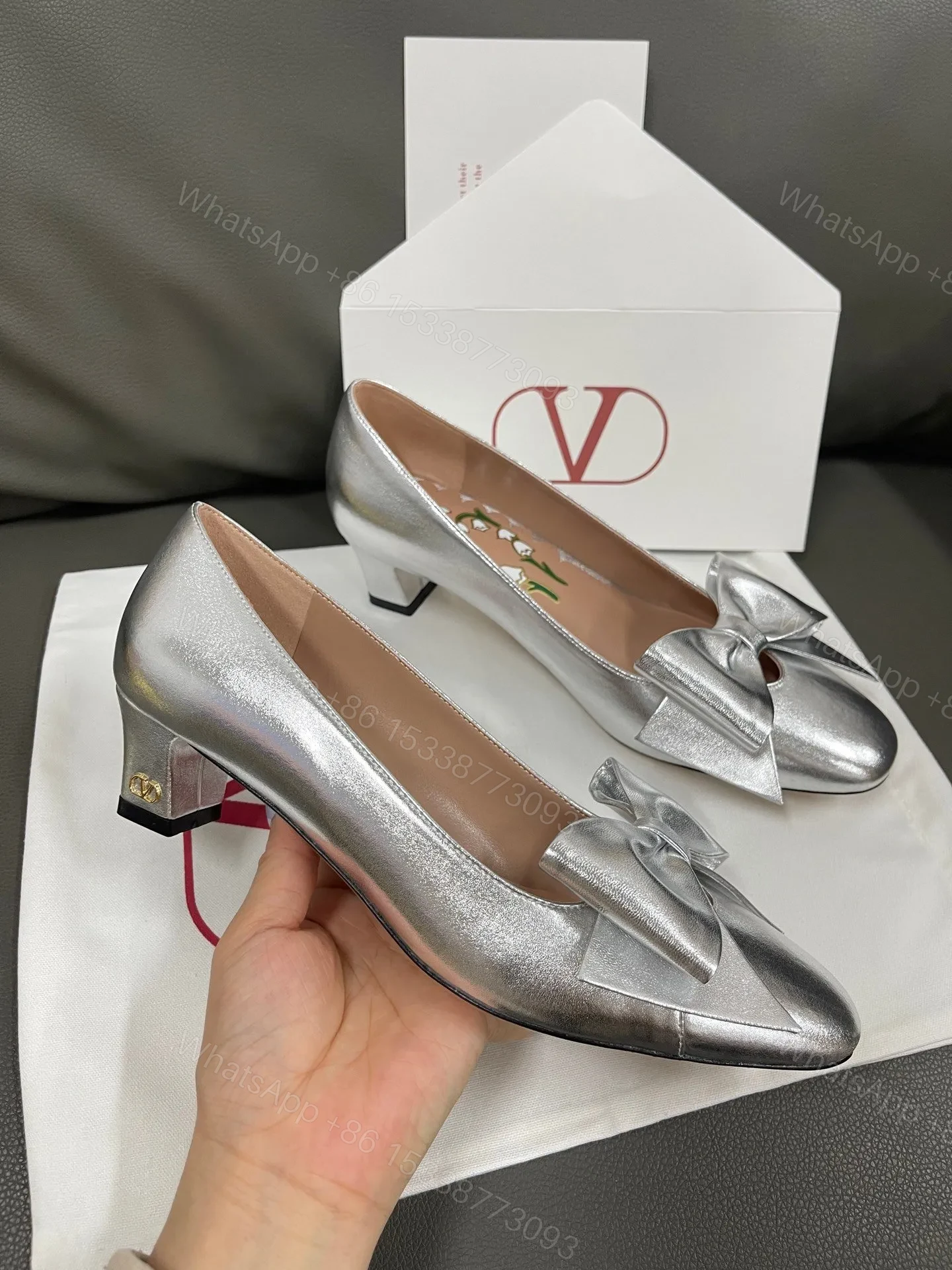 View 6 of Valentino Women Silver Leather Bow Detail Flats