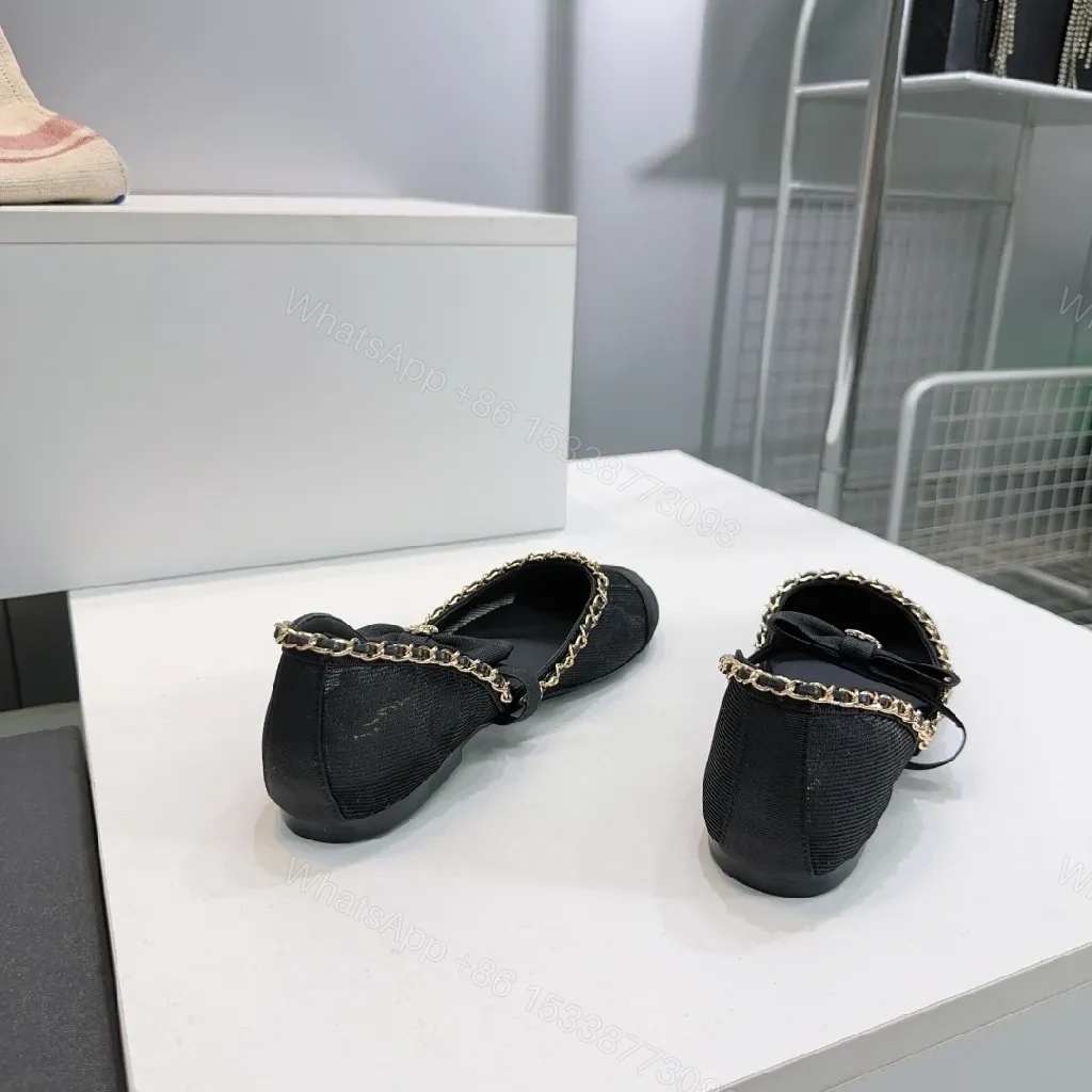 View 7 of Black Satin Bow Flat with Gold Chain Detail, Slip-On Ballet Flat