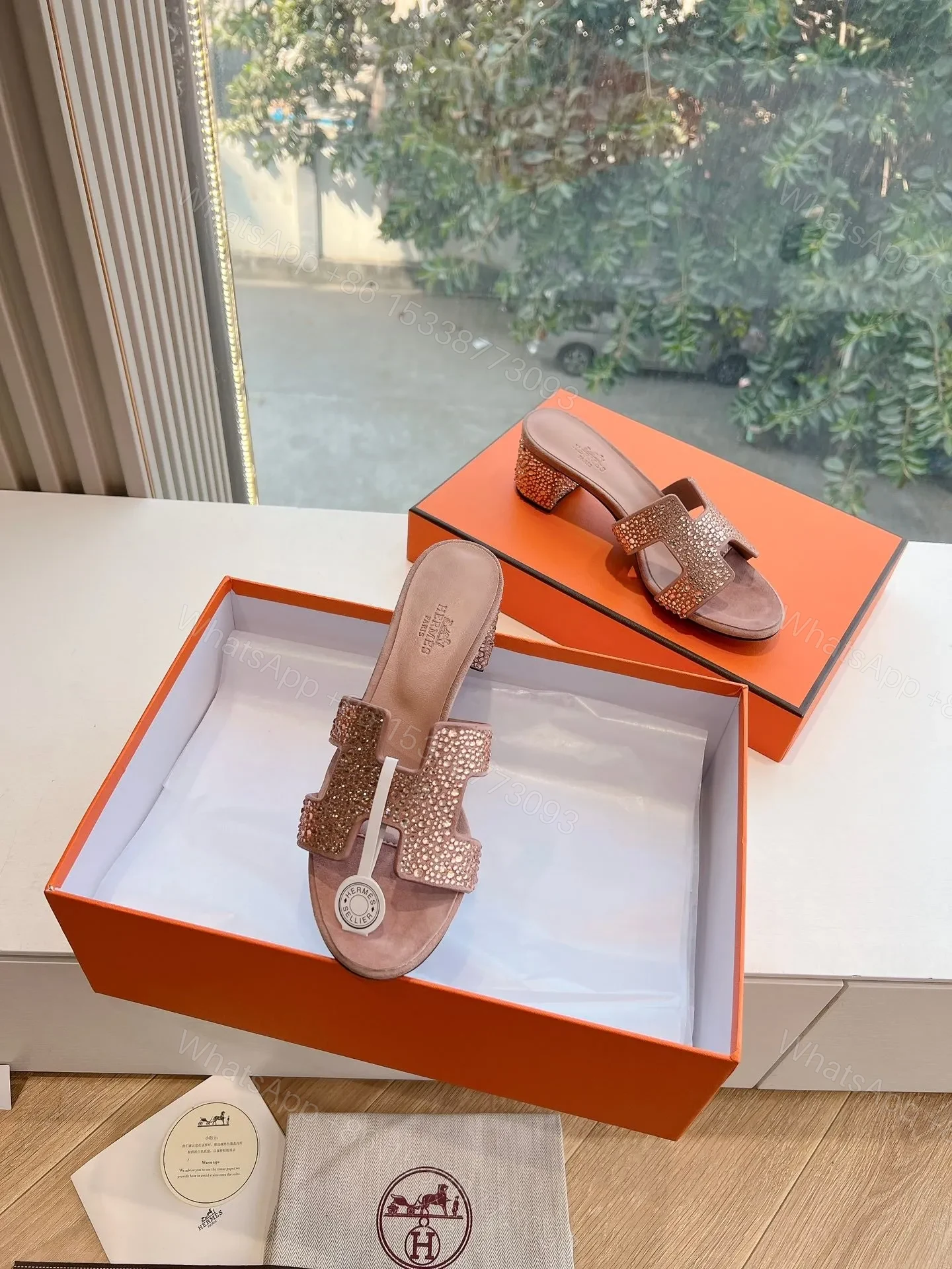 View 4 of Hermes Women Pink Suede Crystal-Embellished Mules
