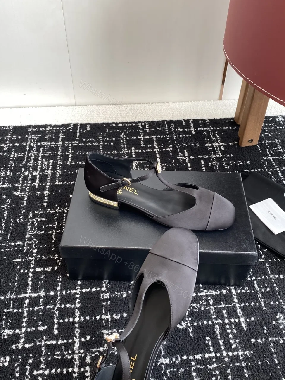 View 4 of Black Satin Mary-Jane Heels with Gold Signature Hardware