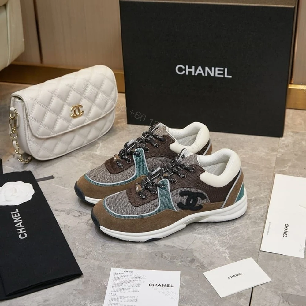 View 3 of Chanel CC Logo Low Top Trainer Sneakers Brown And White
