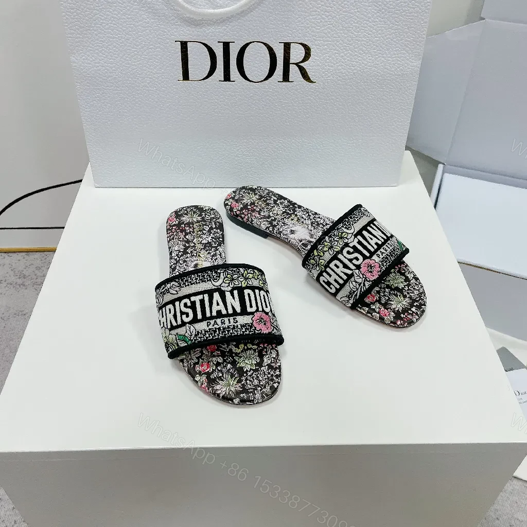 View 7 of Floral-Print Slides in Black with Signature Dior Strap