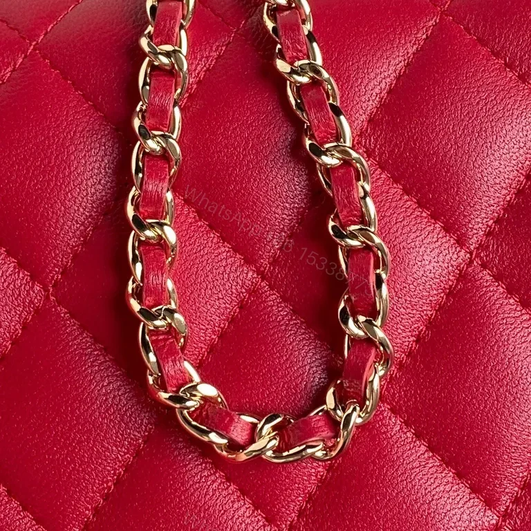 View 4 of Chanel-Style Quilted Flap Bag with Gold Chain (Red)