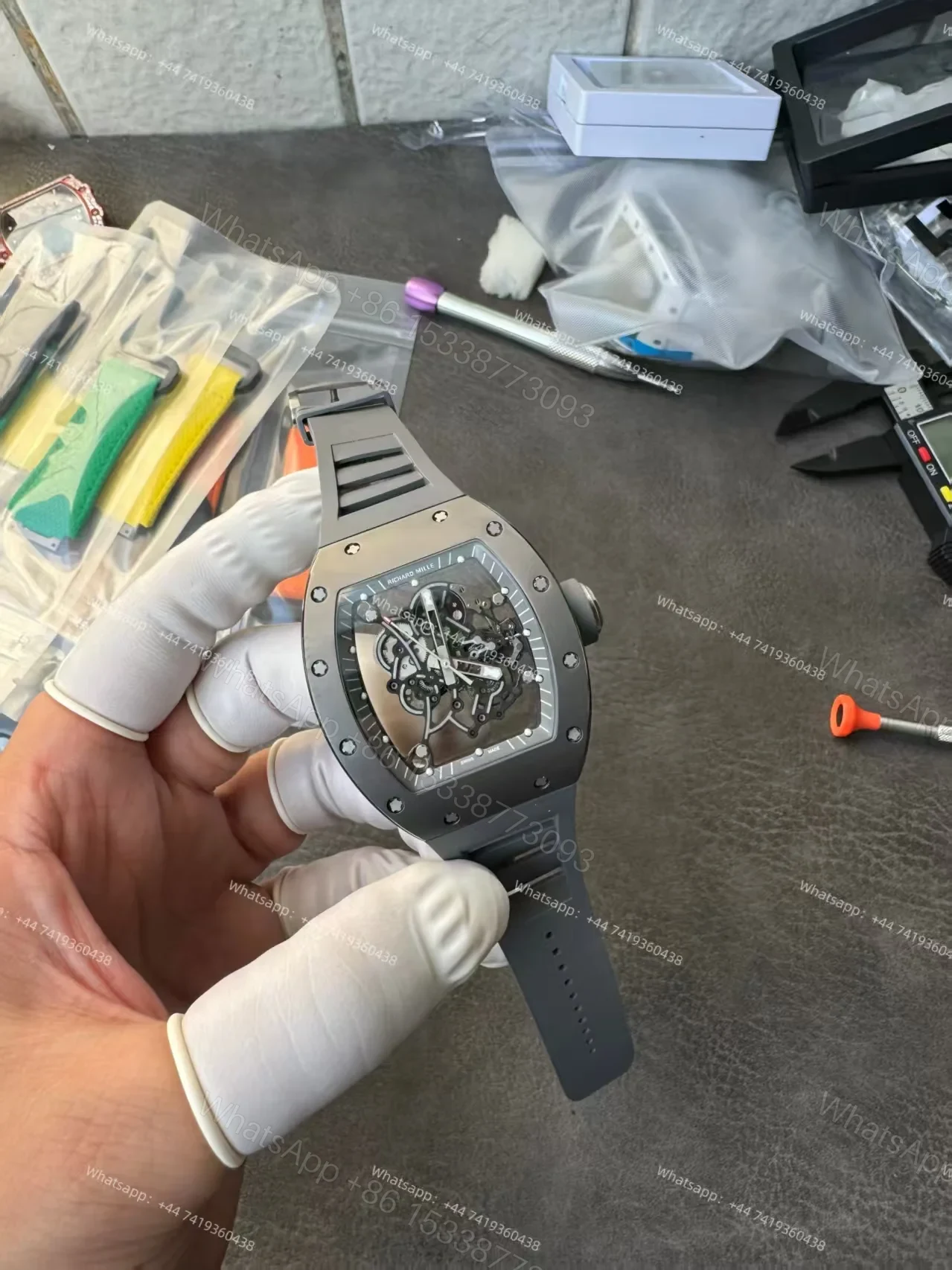 View 8 of Richard Mille RM 055 Grey Ceramic Vaucher Free-Sprung Grey Rubber Strap Custom Super Clone
