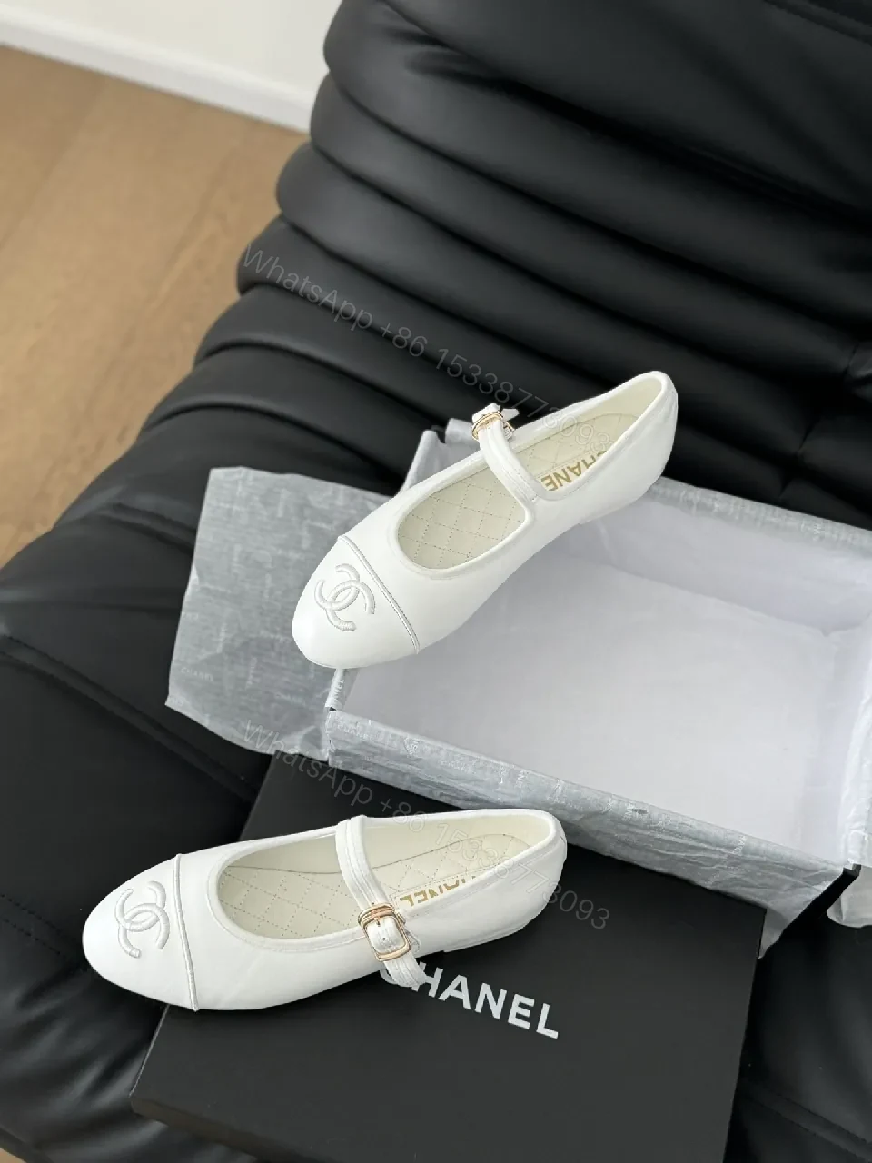 View 7 of White Mary Jane Flats - Luxe, Logo-Accent, Cushioned Comfort