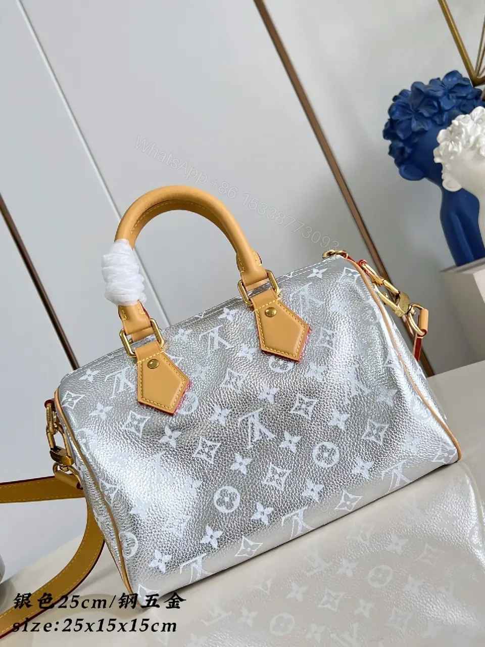 View 4 of Silver Monogram Satchel - Reflective Leather Luxury Bag
