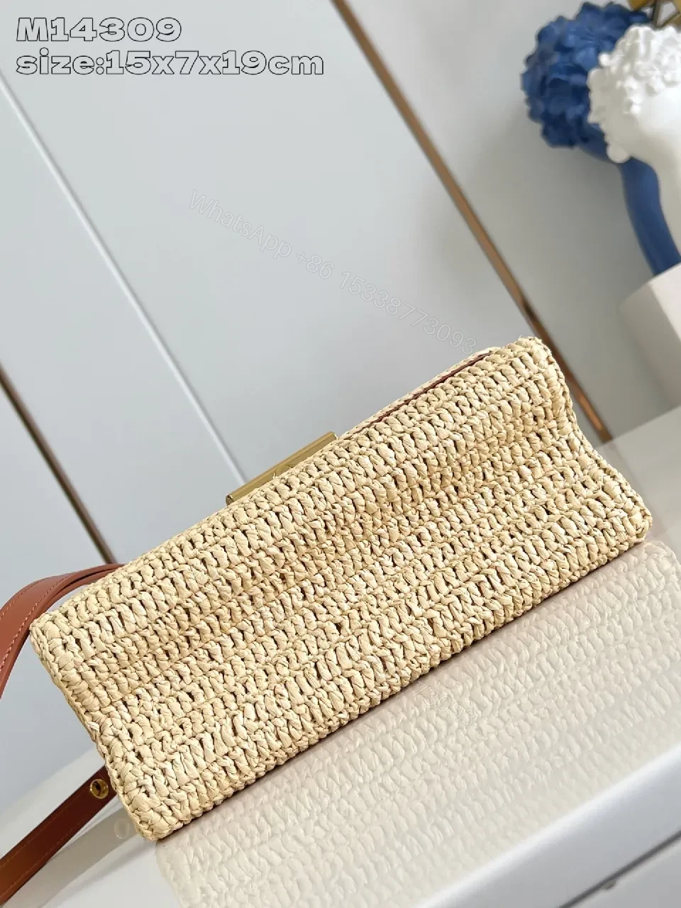 View 3 of Elegant Woven Straw Shoulder Bag with Gold Hardware