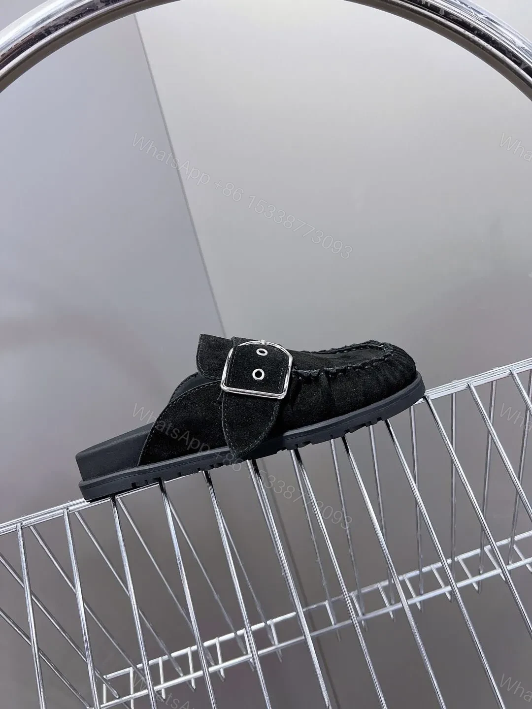 View 2 of Hermes Women Black Suede Buckle Mules