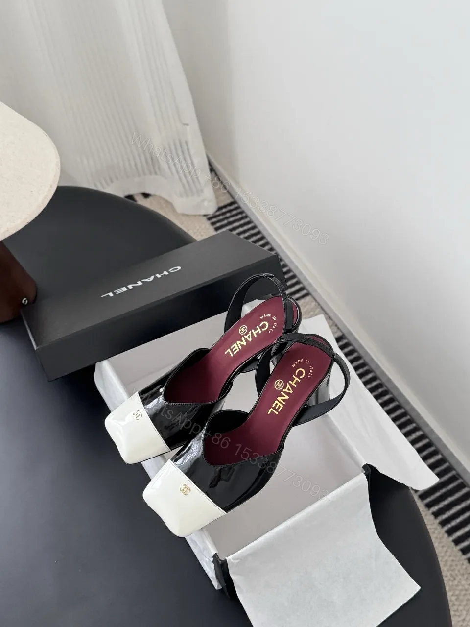 View 3 of White-to-Dark Patent Open-Toe Slingback Heels with Block Heel
