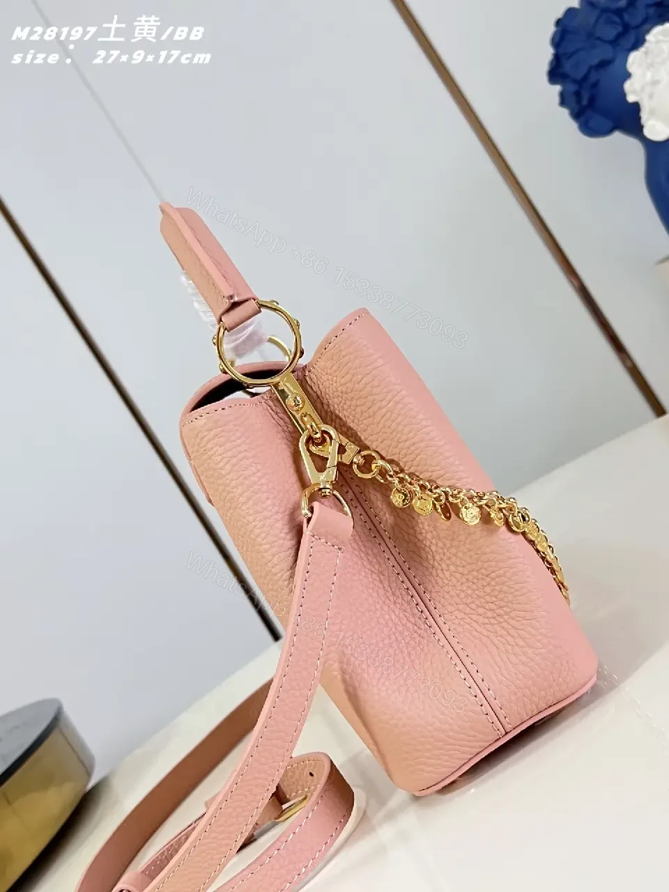 View 2 of Soft Pink Textured Handbag with Gold Hardware— Elegant Everyday Luxe