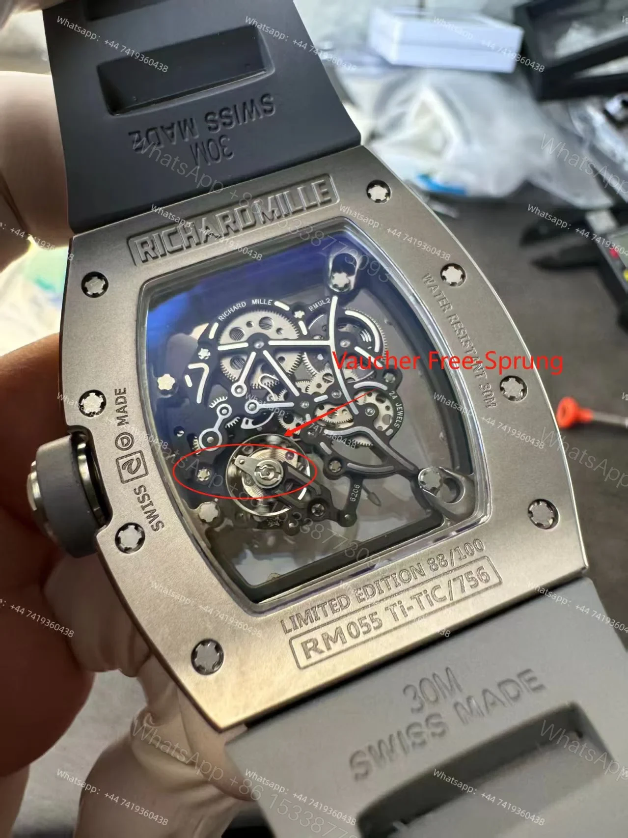 View 2 of Richard Mille RM 055 Grey Ceramic Vaucher Free-Sprung Grey Rubber Strap Custom Super Clone