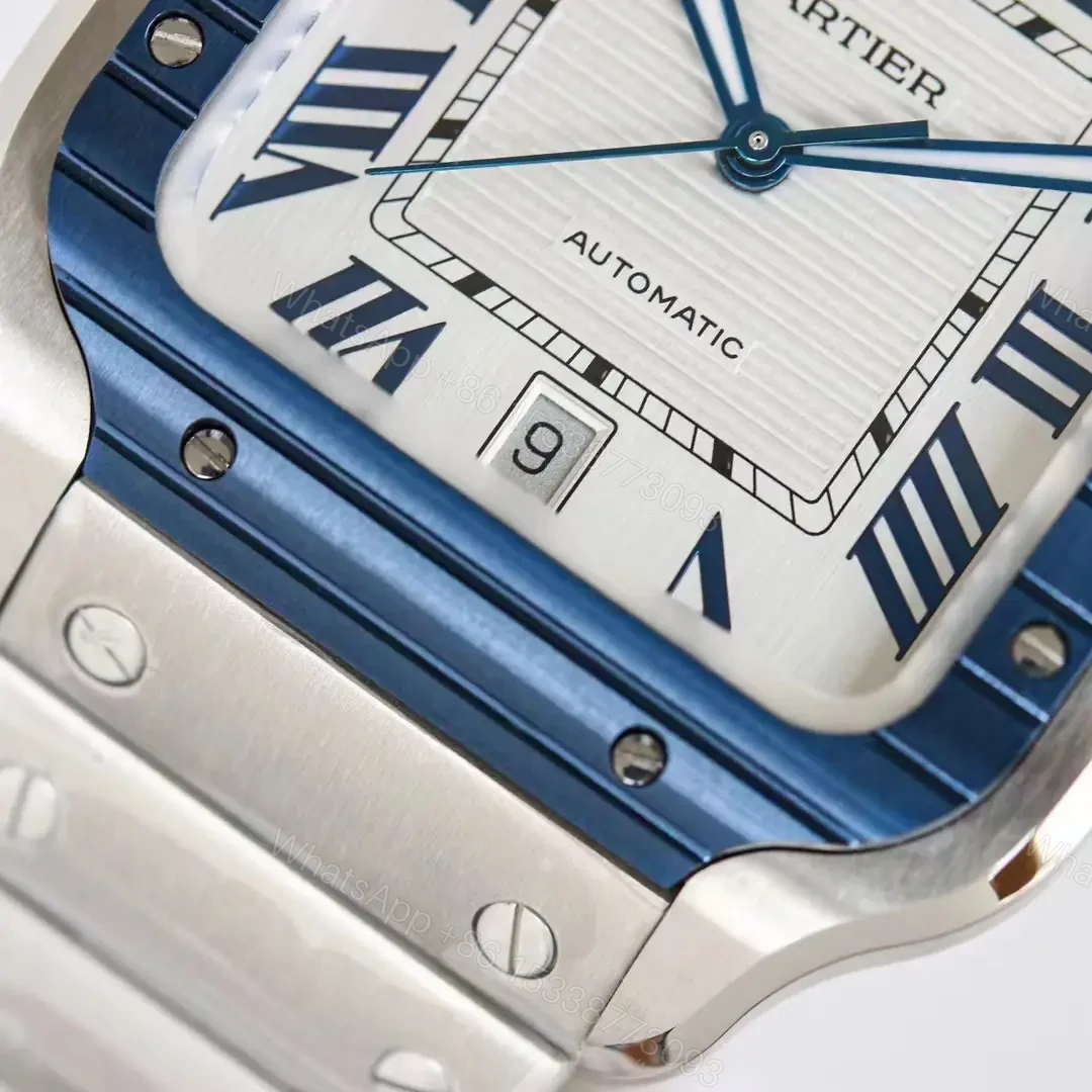 View 4 of Cartier super clone Santos Blue Bezel White Dial Steel Bracelet 40MM Premium RG-CARTIER-SANTOS-BLU-BEZ-WHT-STL-40