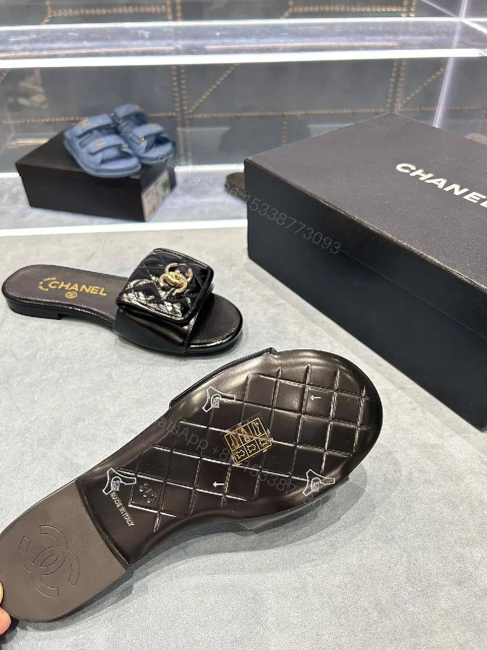 View 6 of Black Quilted Leather Slide with Gold Logo Escort