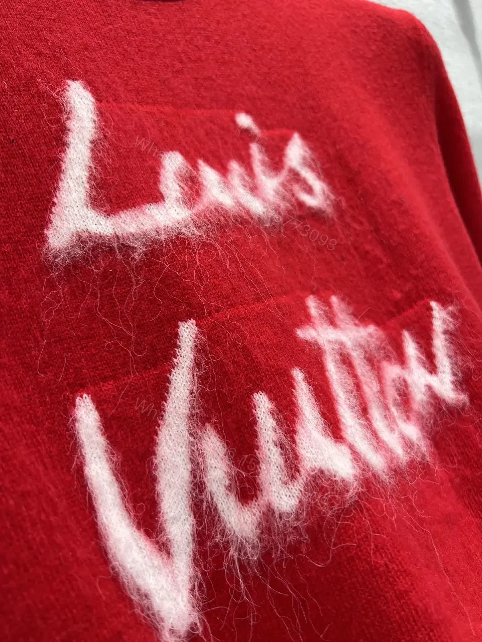 View 2 of Red Knit Crewneck with White Script Sweater Edge