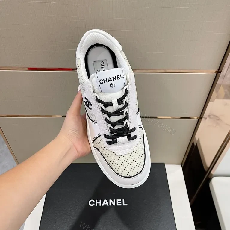 View 3 of Chanel-Inspired White/Black Perforated High-Top Sneaker, Luxury Comfort