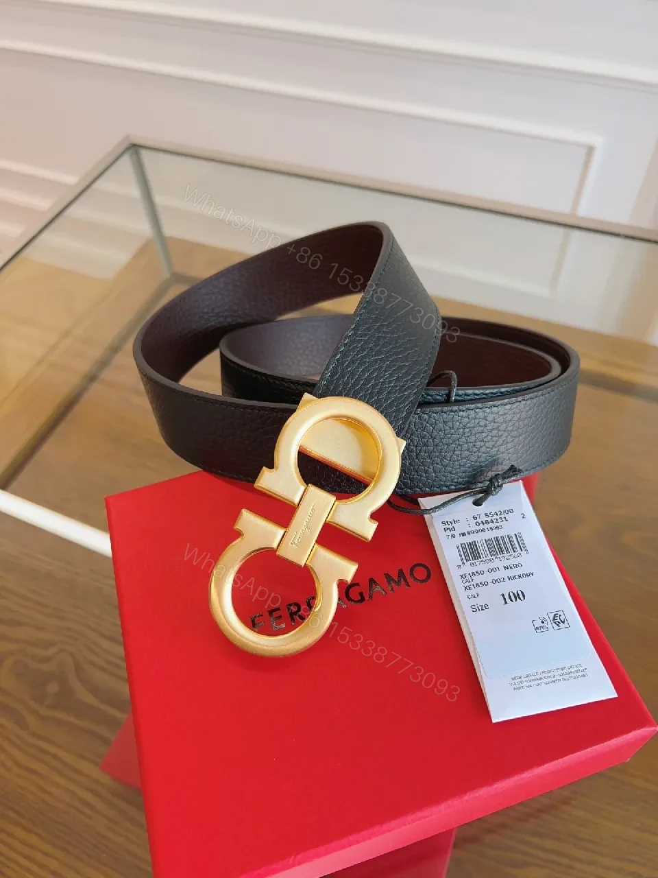 View 9 of Chic Black Leather Belt with Gold Interlocking Buckle