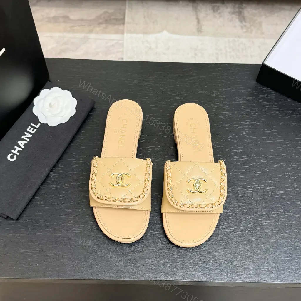 View 7 of Beige Quilted Leather Slide with Gold Crest, Luxe Casual