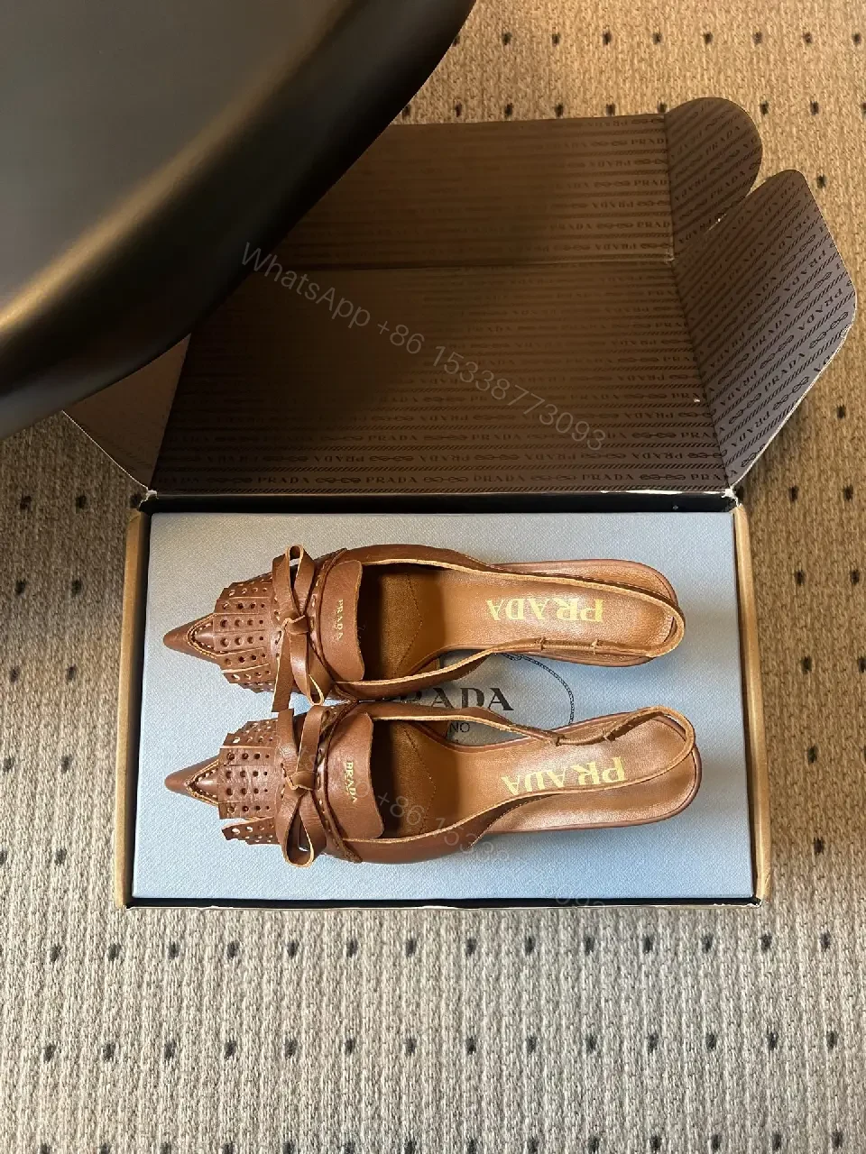 View 6 of Brown Leather Slingback Sandals Classic Style Open-Toe Prada Box Pair