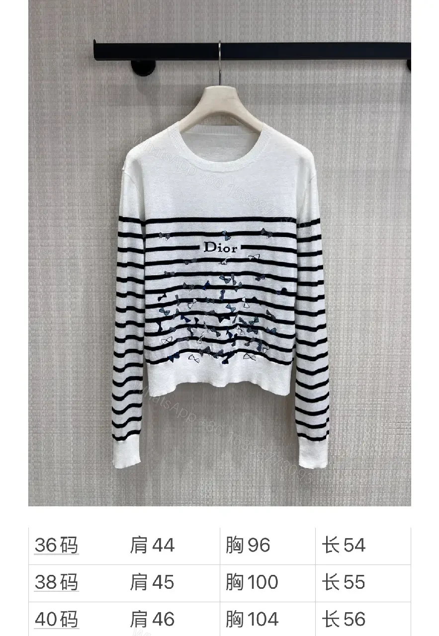 View 3 of White Knit Top Black Stripes Dior Floral Pattern Crew Neck Crop Top