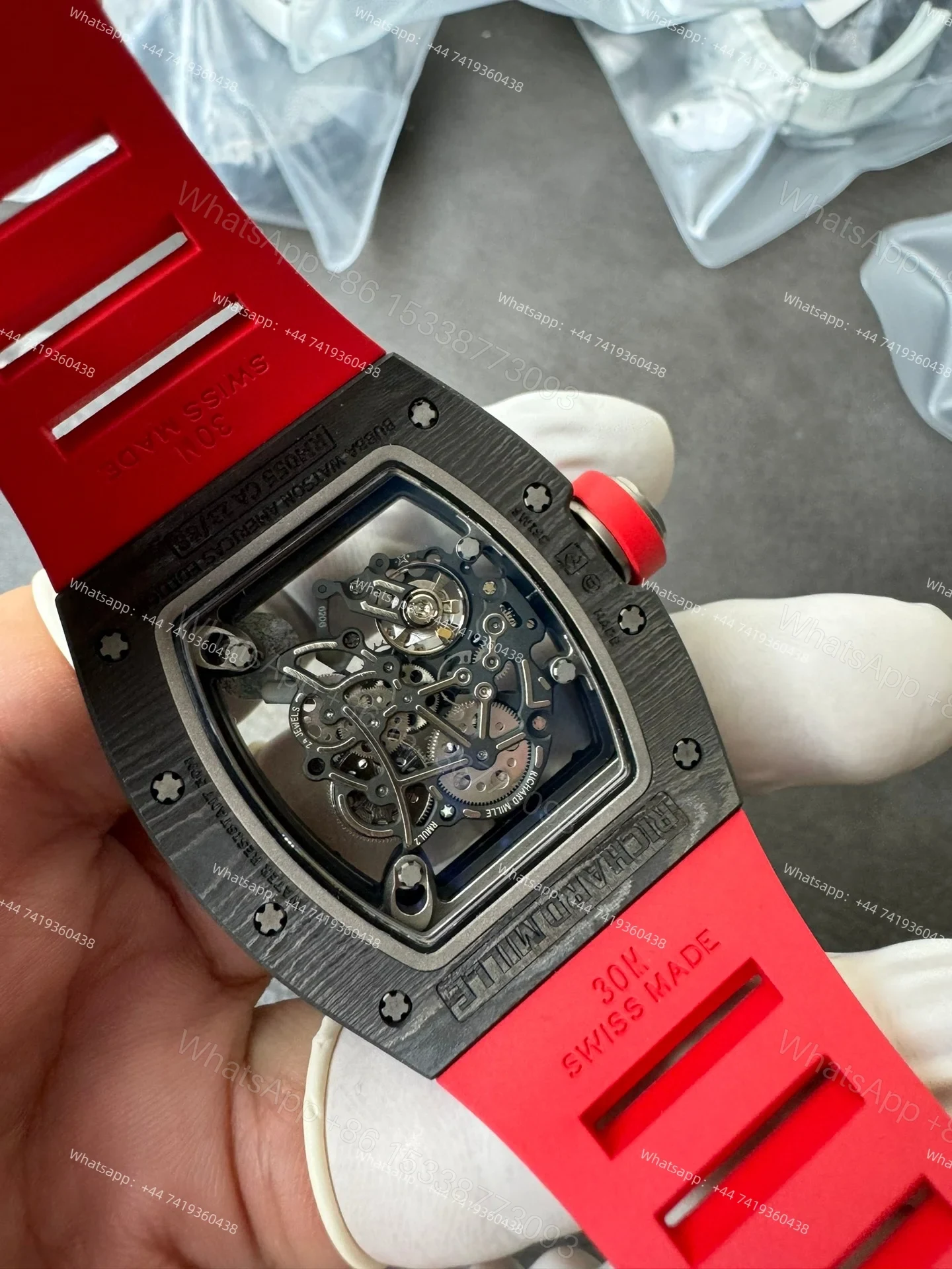View 7 of Super Clone Richard Mille RM 055 Carbon TPT Red Rubber Strap 1:1 Replica Watch