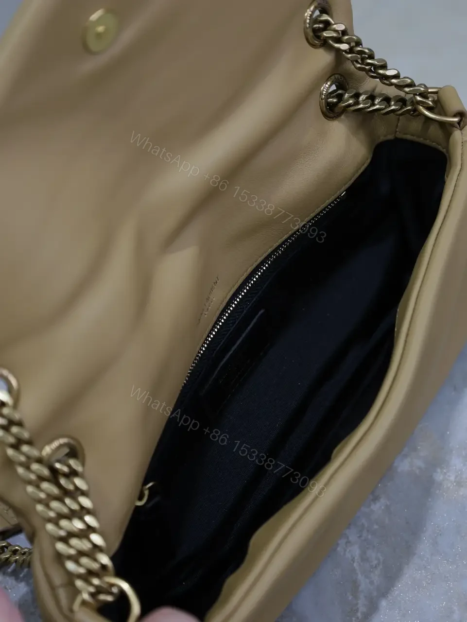 View 9 of Chic Taupe Calfskin Envelope Bag with Monogram Hardware
