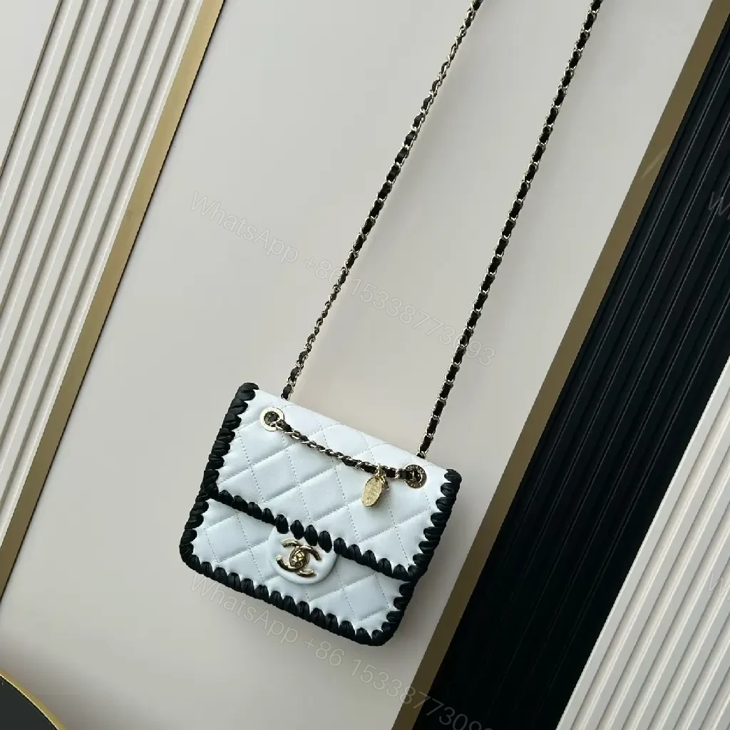 View 4 of White Leather Quilted Flap Bag with Chain Trim, Gold Logo