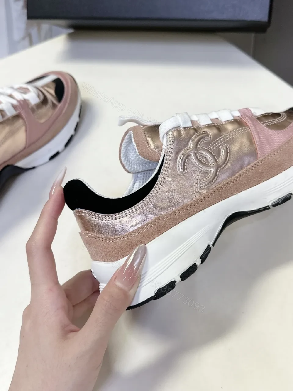 View 2 of Metallic Rose-Pink & White Sneakers: Couture-Style Everyday Luxury