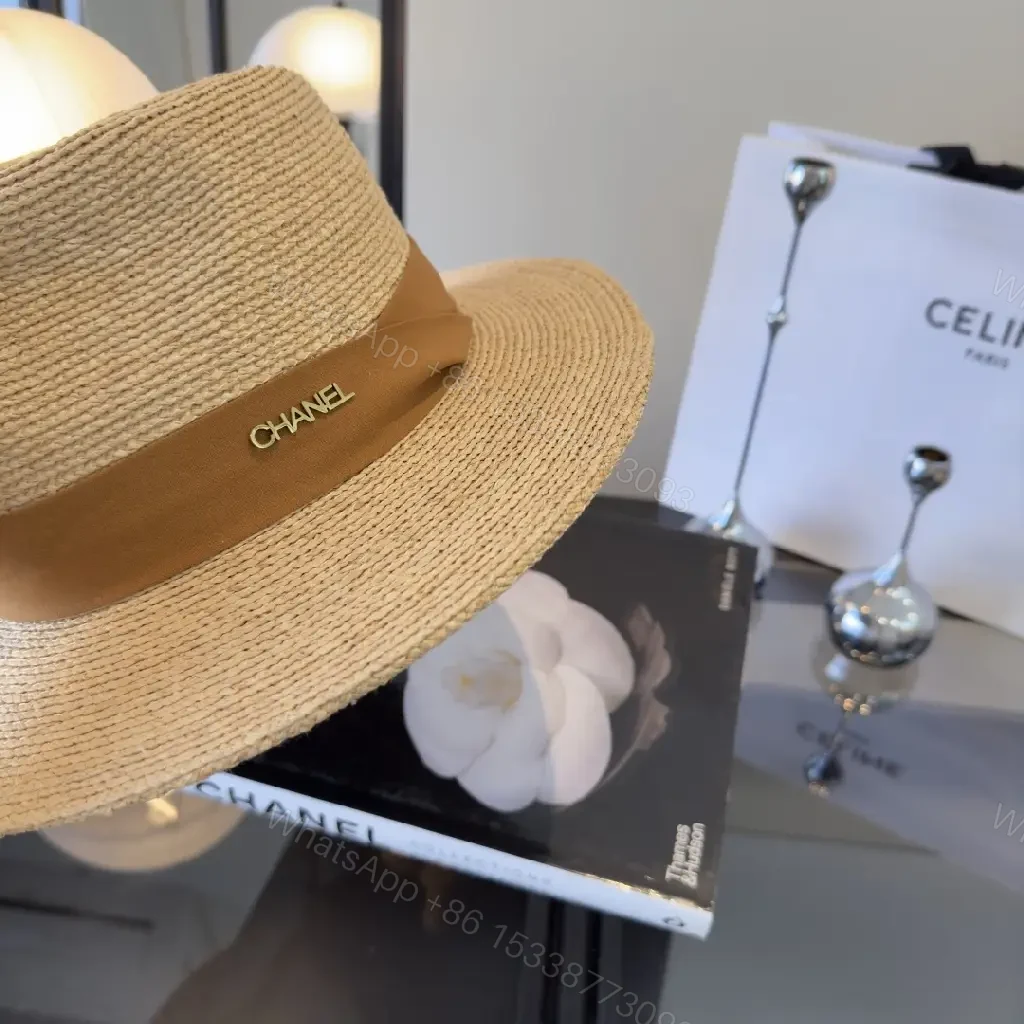 View 9 of Light Beige Straw Fedora-Boater Hat with Ribbon CHANEL Logo