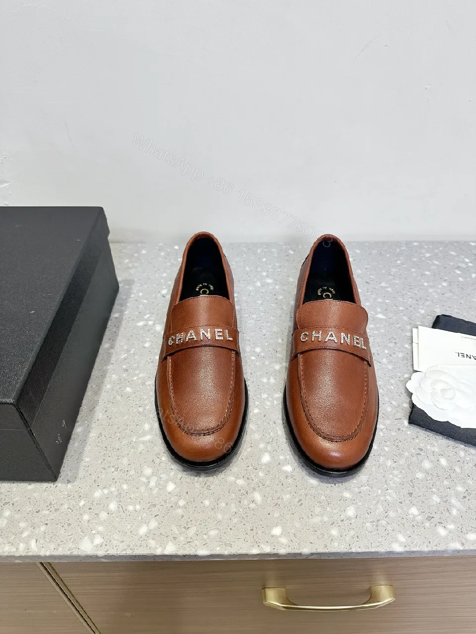 Caramel Leather Moccasin Loafers with Band Accent — view 1