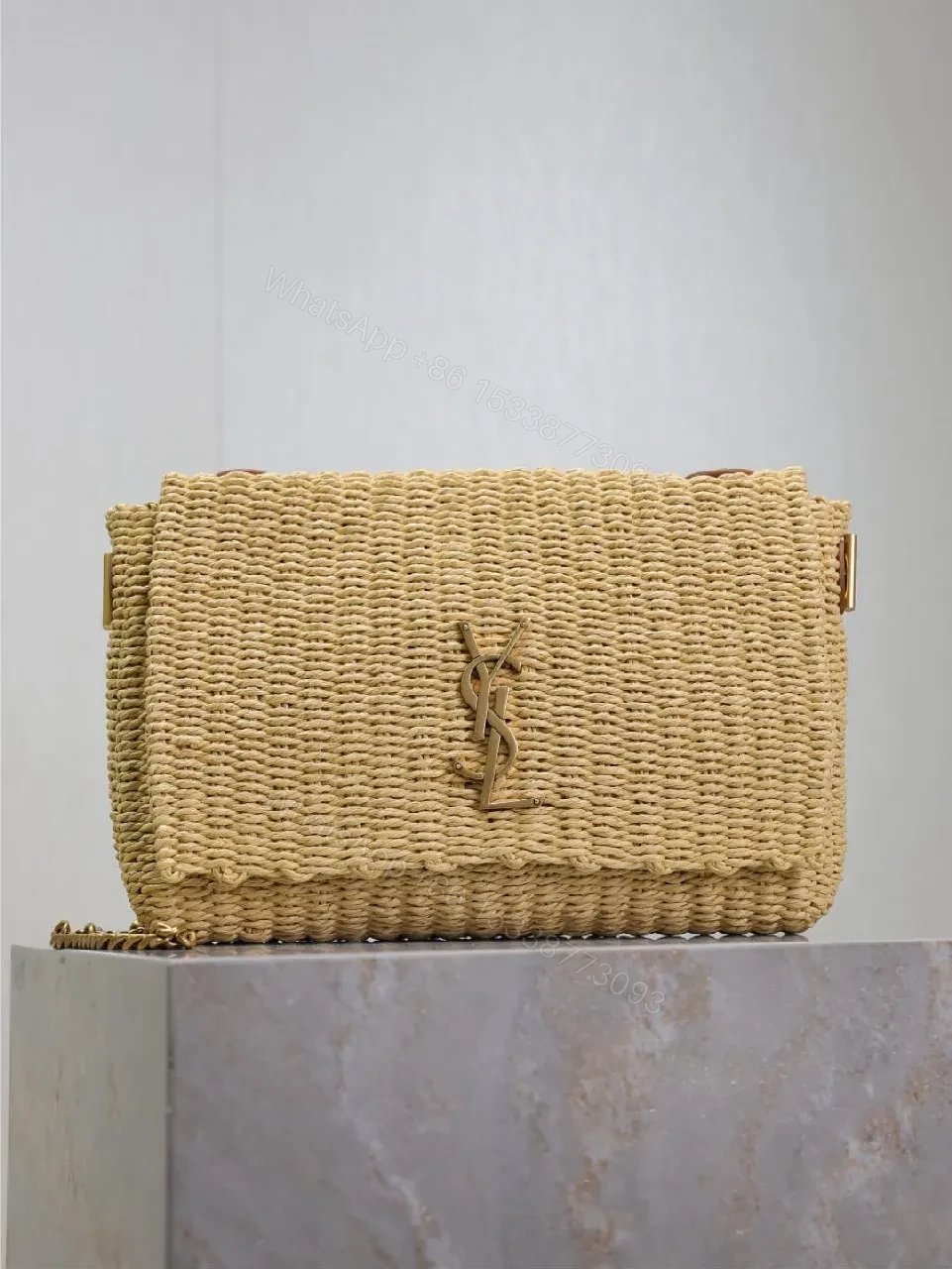 Light Natural Straw Crossbody Bag, Monogram Charm, Modern Luxe — view 1