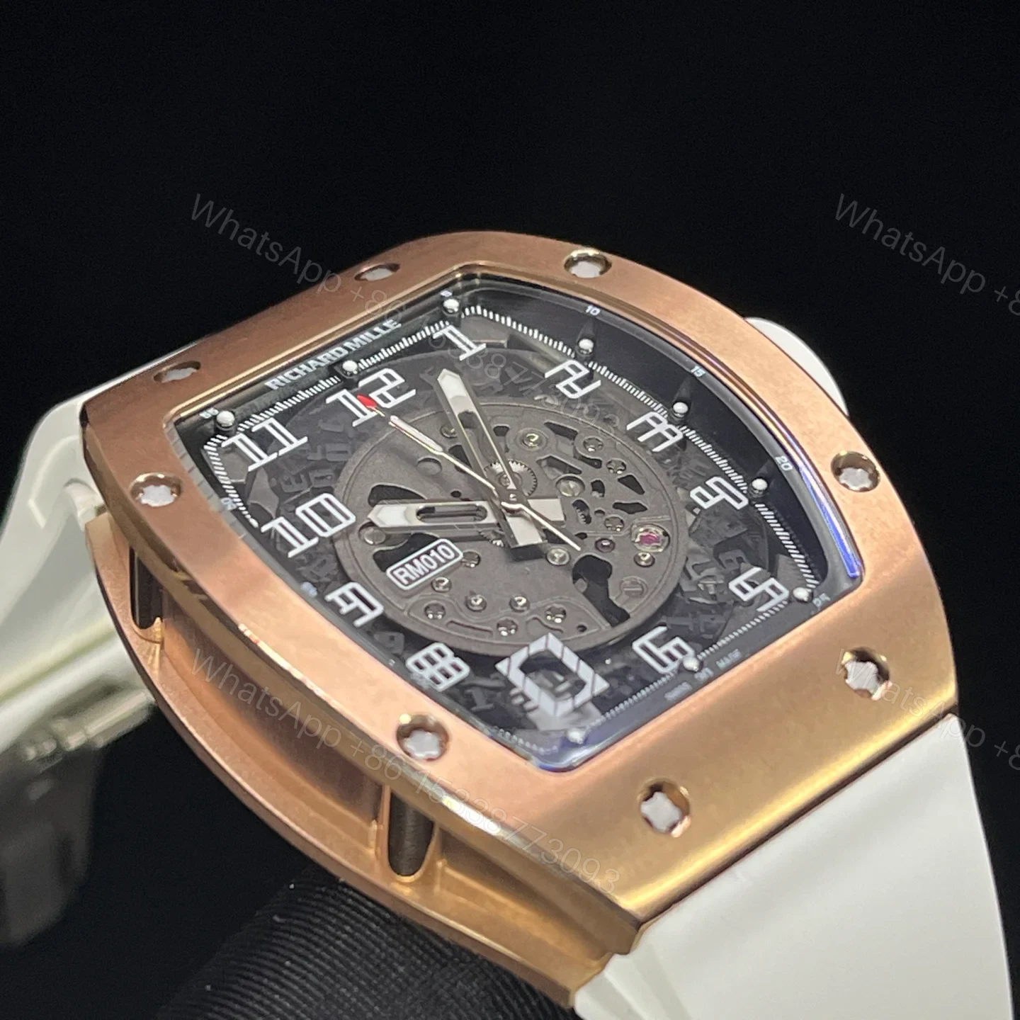 View 7 of Richard Mille RM010 Titanium Skeleton Automatic Gold Bezel White Strap Watch RM010-GW