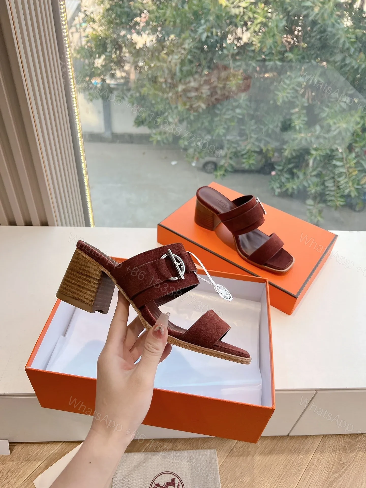 View 5 of Hermes Women Brown Suede Leather Mules
