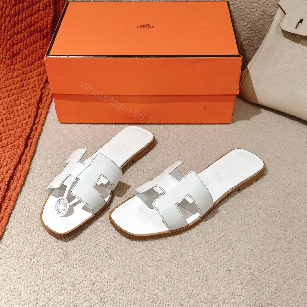 View 8 of White Leather H-Cutout Sandals - Premium Open-Back Slides