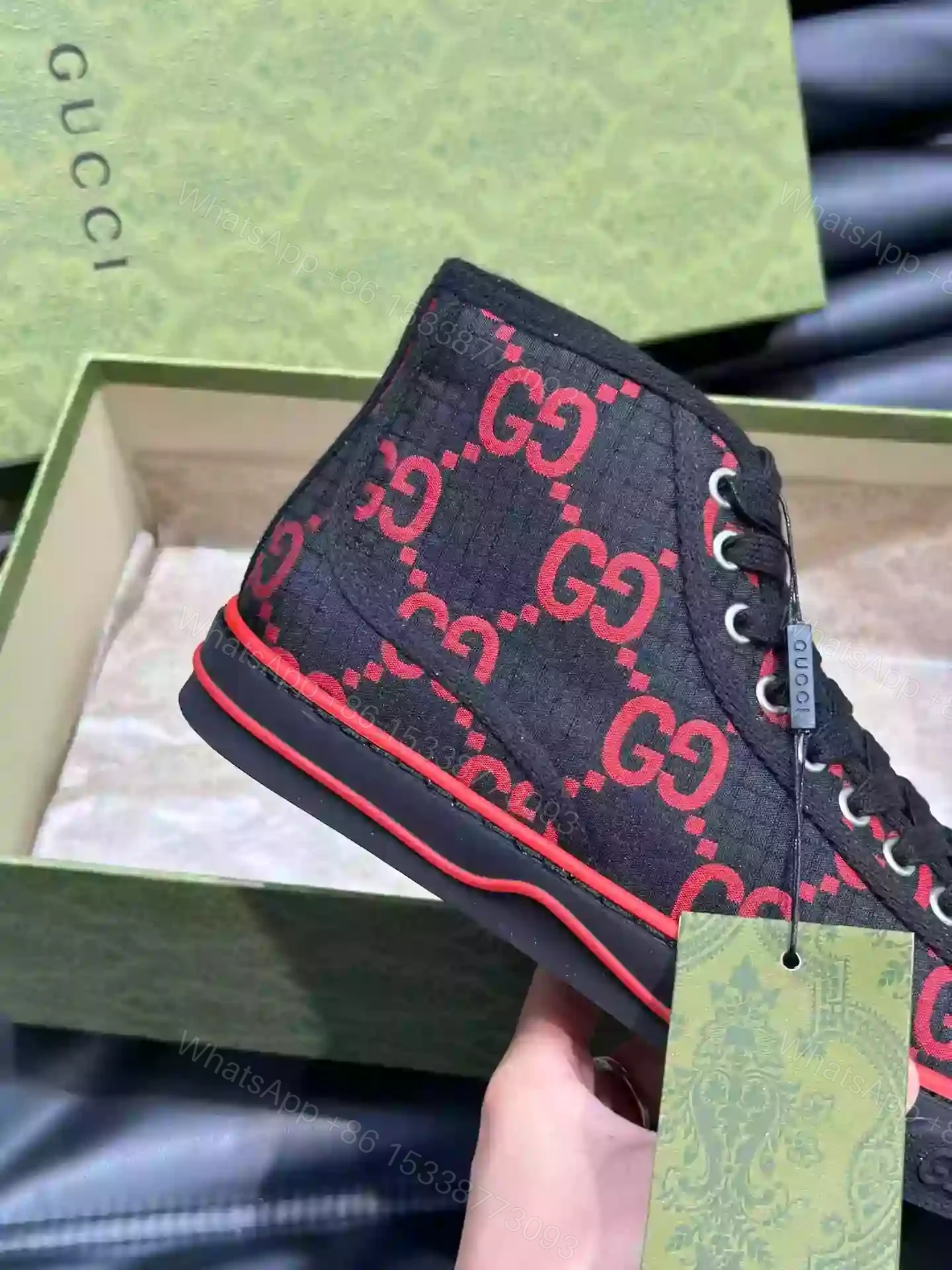 View 8 of GUCCI TENNIS 1977 HIGH-TOP SHOES SNEAKERS IN BLACK/RED – GC285