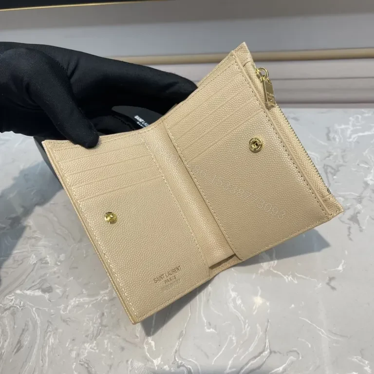 View 7 of Quilted Beige Wallet with Gold YSL Emblem - Luxury Compact Wallet