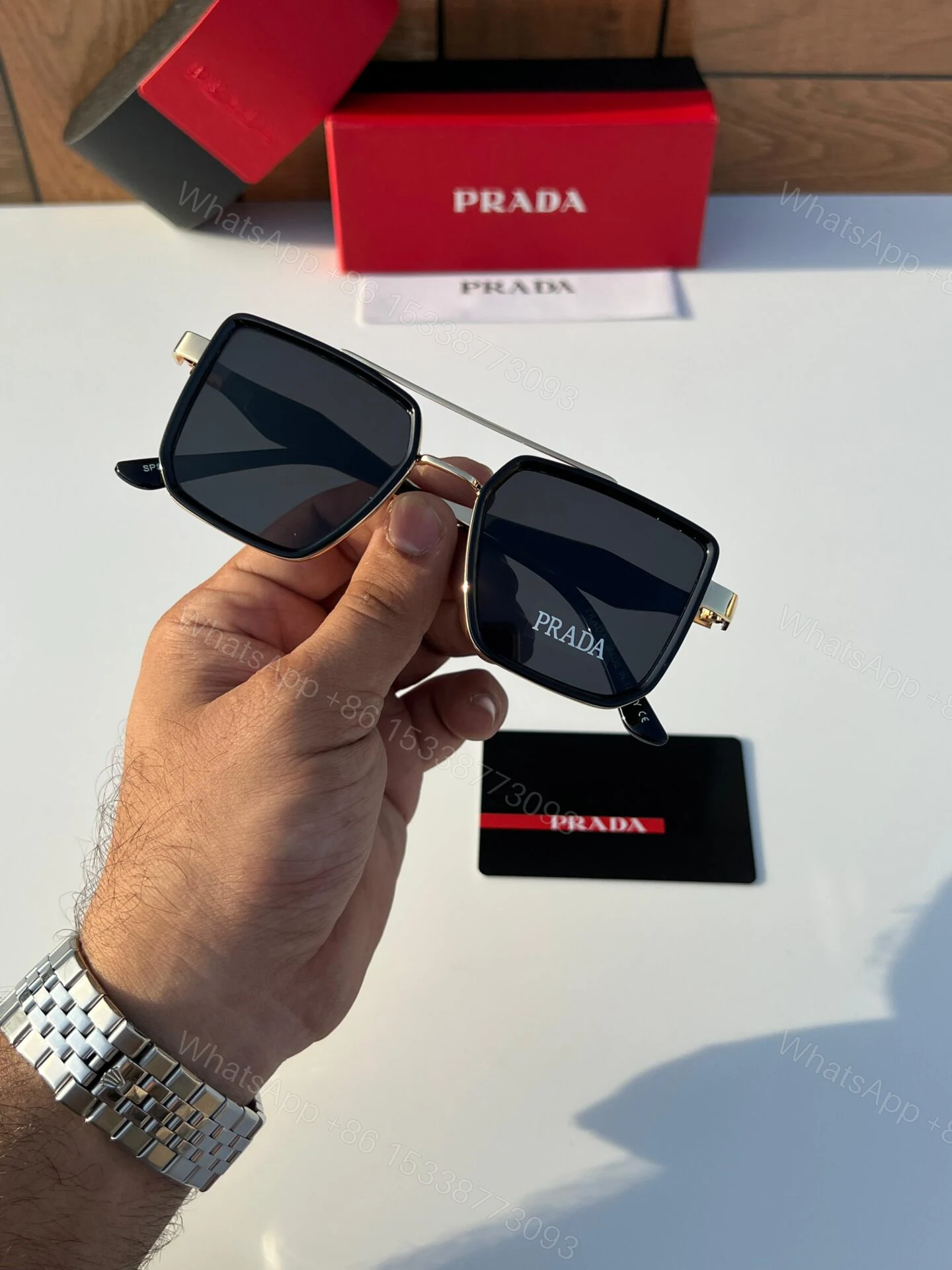 View 2 of Prada Square Sunglasses Gold-Dark HD
