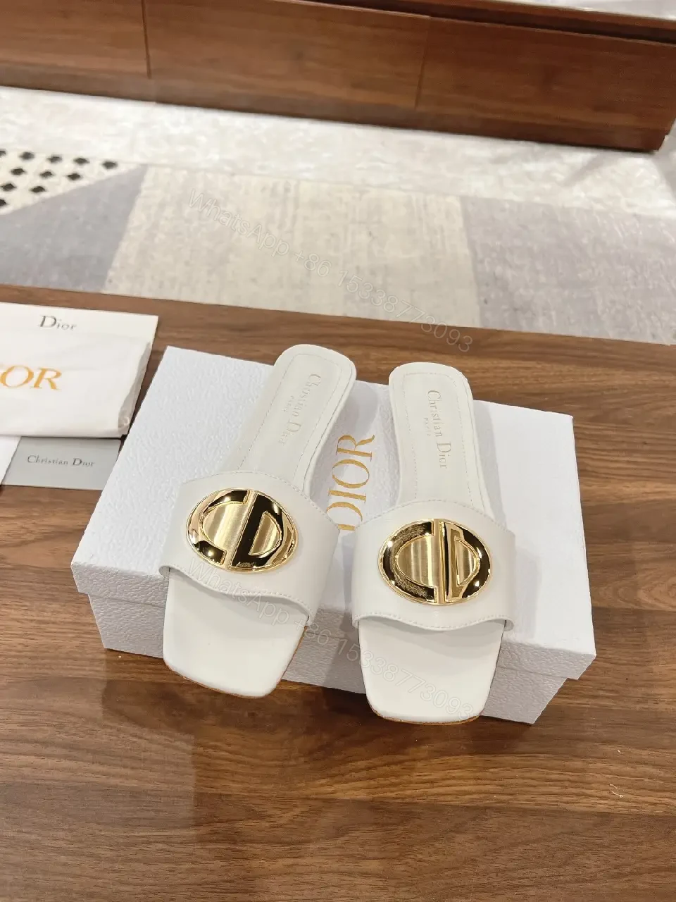 View 6 of White Leather Slide Sandals Gold Heart Buckle Dior Style Comfortable Sandals