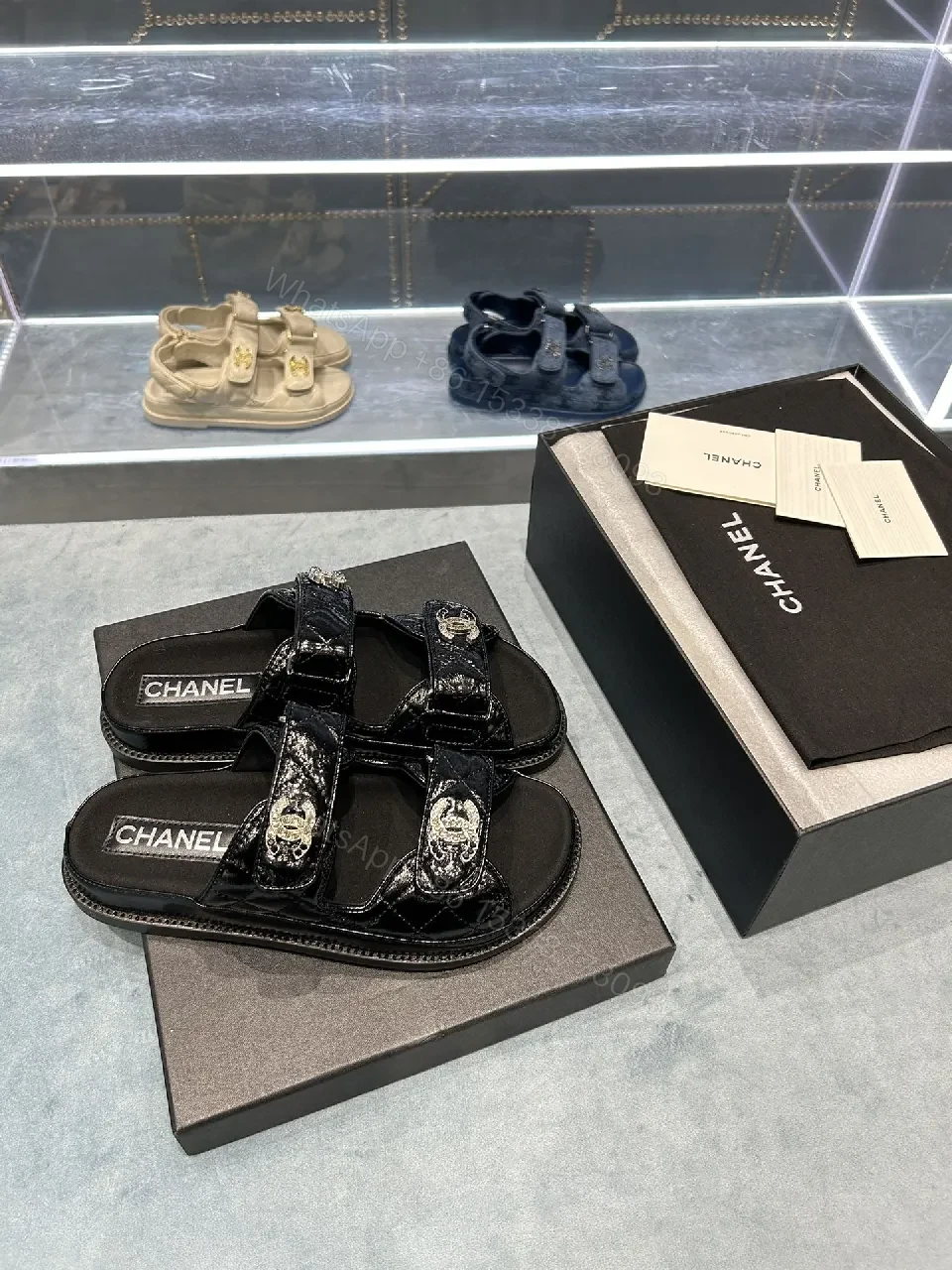 View 5 of Black Crystal-Accent Sandals with Comfort Footbed, Patent Straps, Versatile Style