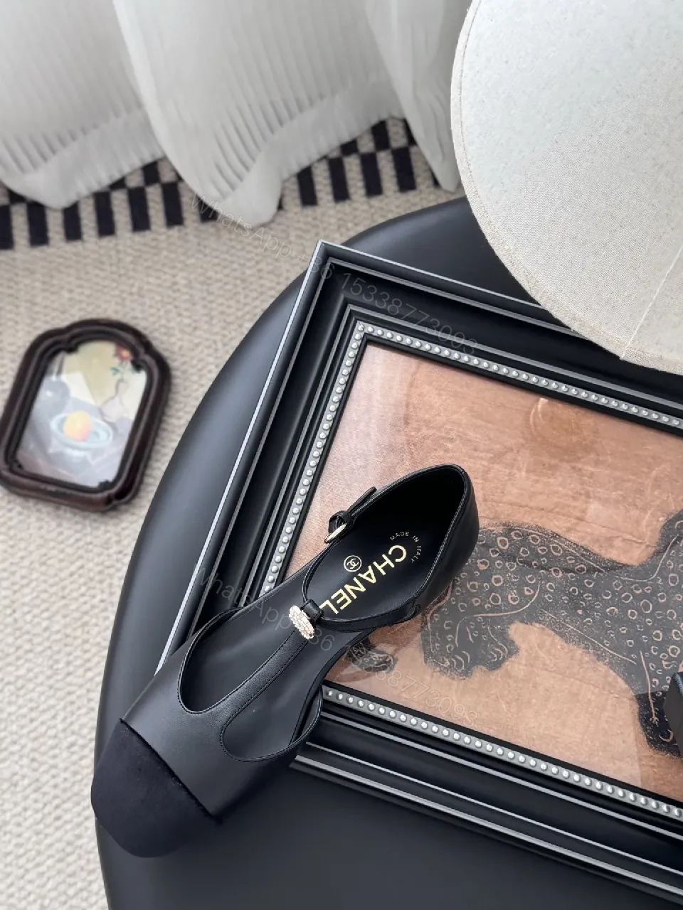 View 6 of Black Leather Slingback Heel with Pearl Trim