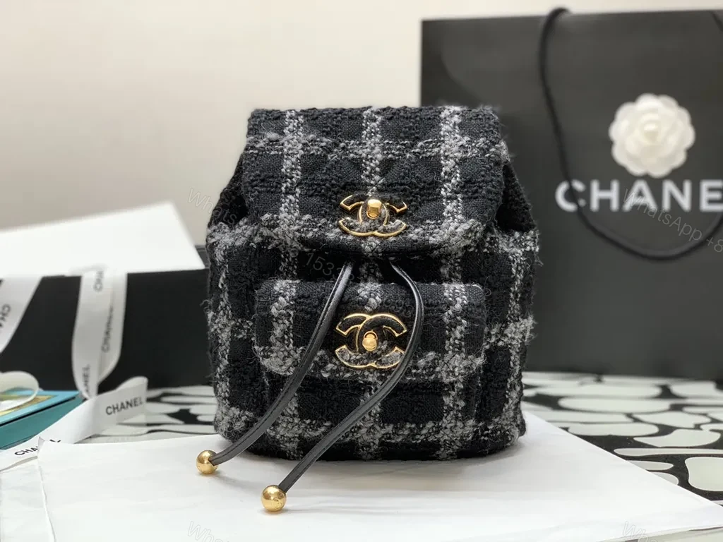 View 2 of Chanel-Inspired Plaid Knit Backpack with Gold Chain