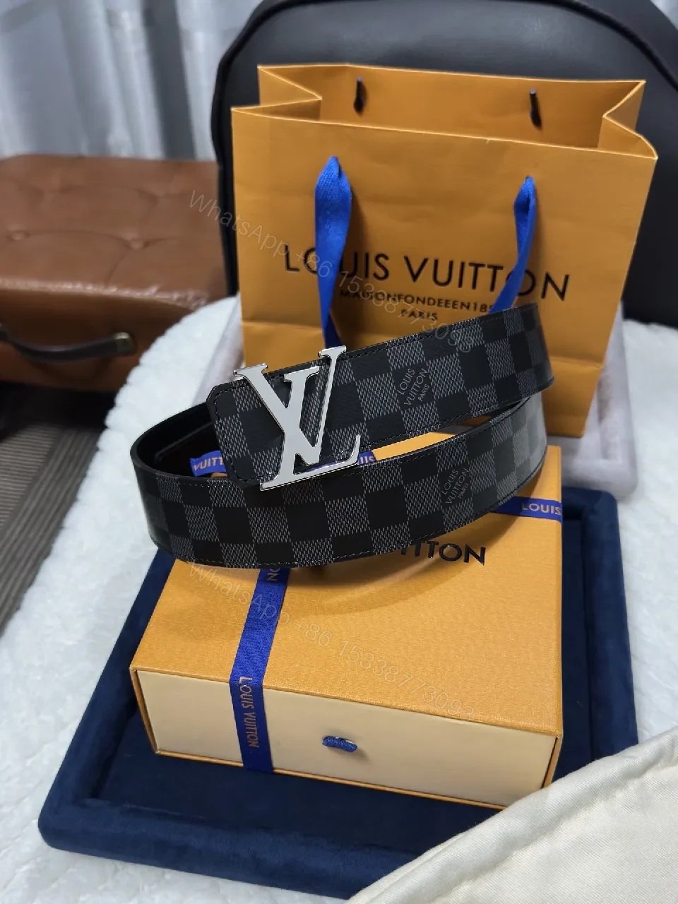 Checkerboard Leather Belt with Signature Buckle — Modern Luxury Belt — view 1