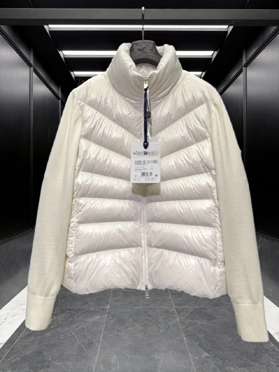 View 8 of Lightweight Off-White Puffer Jacket with Knit Sleeves Fusion